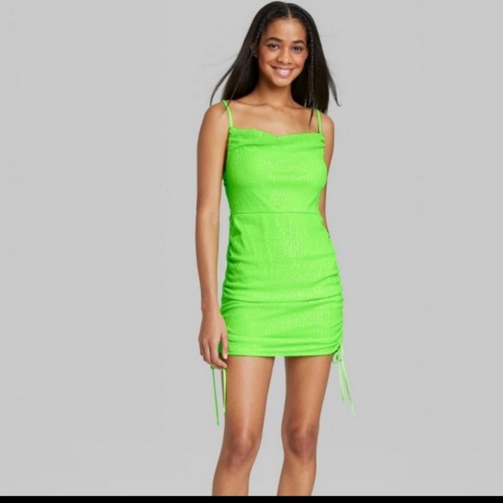 NWT Gorgeous Sparkly Sequined Lime Green Ruched Summer Dress Size M